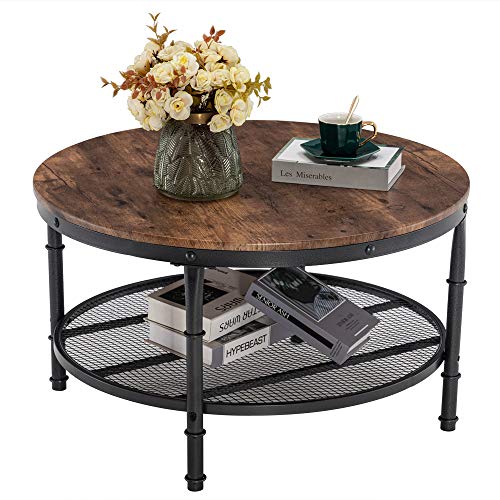 VINGLI Round Coffee Tables Living Room, 31.5" Round Coffee Table with Storage Round Wooden Coffee Table Round Farmhouse Coffee Table, Industrial Coffee Table Rustic Round Coffee Table with Metal Shelf