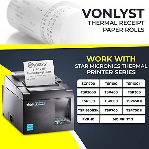 Vonlyst Receipt Paper Roll 3 1/8 x 230 for Square Register and Square POS System connected to Star Micronics Thermal Printer (Pack 12 rolls)