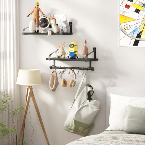 Love-KANKEI Floating Shelves for Coffee Bar,Bathroom Shelves with Towel Bar, Wall Shelves with 8 Hooks for Kitchen, Storage Shelf Set of 2 for Bedroom,Living Room,17.3 Inch Black