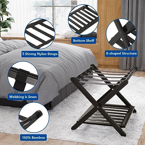 Smuxee Fully Assembled Luggage Rack for Guest Room, Upgraded Bamboo Foldable Suitcase Stand with 5 Nylon Straps, Dark Brown Luggage Holder with Shelf for Bedroom Hotel (Black Luggage Rack 1pcs)
