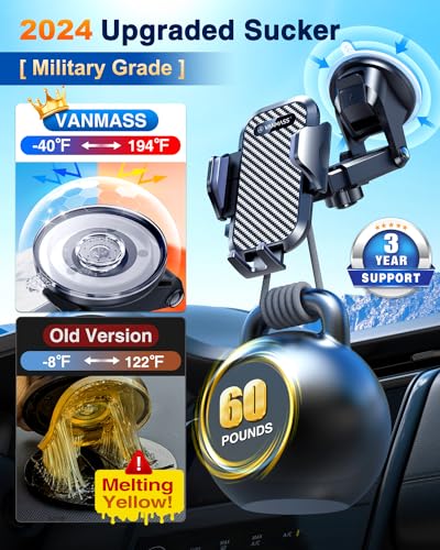 VANMASS 【2024 Newest & Strongest Military-Grade Cert Car Phone Holder Mount【Over 60LBS Suction】 Dashboard Windshield Cell Automobile Cradles Truck Hook Vent for iPhone 15 Pro Max 14 13 12 Samsung, Black