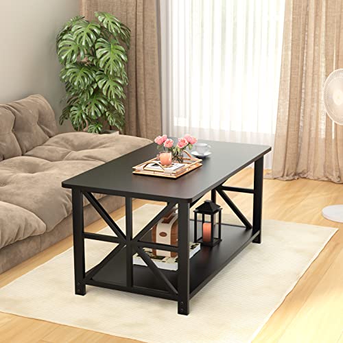 GreenForest Coffee Table with Round Corner, Farmhouse Center Table with 2-Tier Storage Shelf X-Frame Design for Living Room, 39 inch Black
