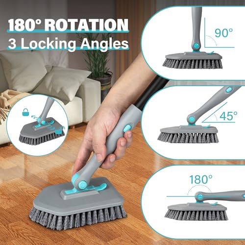 Scrub Brush with Long Handle, 5 in 1 Hard Bristle Shower Scrubber with Crevice Cleaning Brush and Squeegee, 50 inch Heavy Duty Stiff Brushes for Clean Bathroom Ceramic Tile Floor Toilet Tub Kitchen