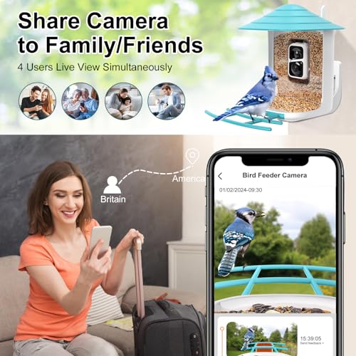 birdsnap® TUC- Smart Bird Feeder with Camera+Solar Panel SD Card 4-in-1 Perch, 160°View 1080P Auto Detect & Notify, AI Identify 10000+ Bird Watching Camera Wireless Outdoor for Bird Lover, Blue