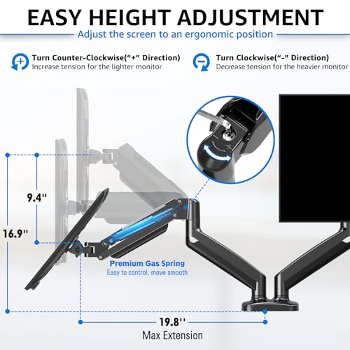 MOUNTUP Dual Monitor Stand for Desk, Adjustable Gas Spring Double Monitor Mount Holds 4.4-17.6 lbs and 13-32 Inch Screens, Monitor Arms for 2 Monitors, VESA 75x75 100x100 with C-clamp& Grommet, Black