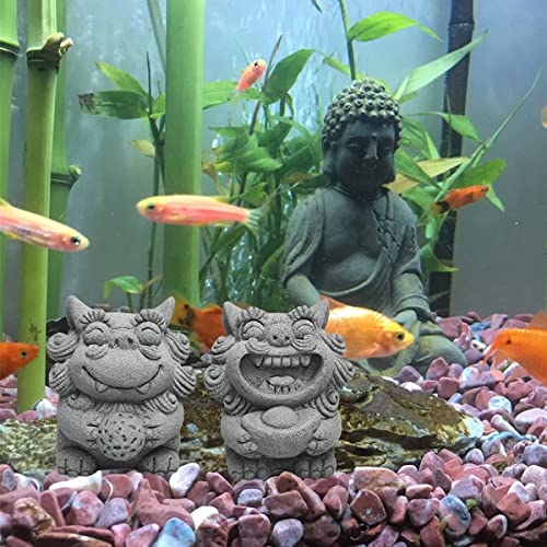 livelyfish Fish Tank Fu Foo Dogs Statues Decorations A Pair of Asian Japanese Sandstone Lion Figures Sculpture for 10 Gallon Tanks Aquarium, Garden Bonsai Decor Gifts,E (L)