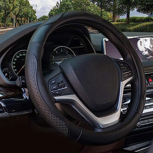 Valleycomfy Leather Steering Wheel Covers Universal 15 inch -Breathable, Anti Slip & Odor Free (Black with Black Lines,M(14" 1/2-15" 1/4))