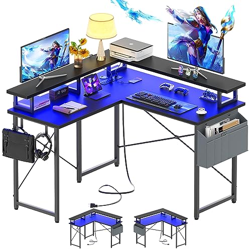 armocity L Shaped Computer Desk with Power Outlets, Small Gaming Desk L Shaped with LED Lights, 40 Inch Corner Desk with Storage Shelves, Work Study Desk for Bedroom, Home Office Small Spaces, Black
