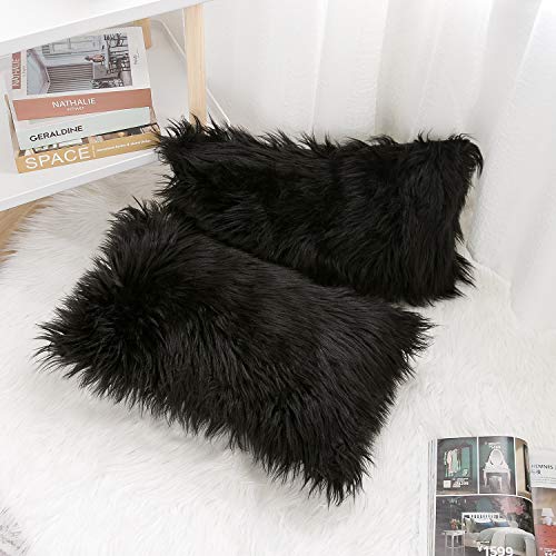 WLNUI Set of 2 Black Decorative Pillow Covers New Luxury Series Merino Style Faux Fur Fluffy Throw Pillow Covers Square Fuzzy Cushion Case 20x20 Inch