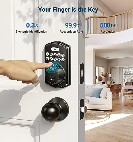 Veise Fingerprint Door Lock with 2 Door Knobs - Keyless Entry Door Lock with Handle, Electronic Keypad Deadbolt, Smart Front Door Lock Set, Auto Lock, Waterproof, Easy Installation, Matte Black