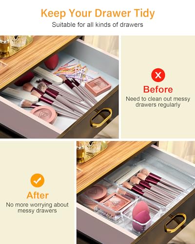 LUSCREAL 25 PCS Plastic Drawer Storage, 4 Sizes Clear Drawer Organizers, Versatile Drawer Dividers for Bathroom, Vanity, Makeup, Utensil, Kitchen and Office