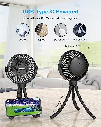 Coohea Stroller Fan Battery Operated Portable Fan USB Rechargeable Small Fan with Flexible Tripod Cooling Fan Clip on for Baby Stroller Car Seat Bike Golf Cart Beach Trip Outdoor, 3 Speeds Wind, Black