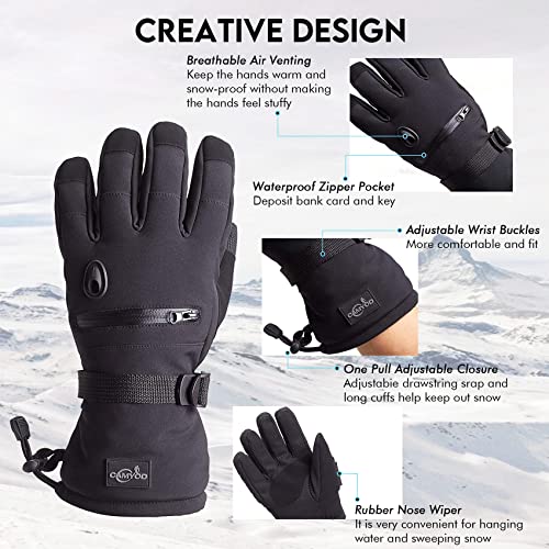 CAMYOD Men Waterproof Skiing Snowboarding Gloves with Zipper Pocket, Air Vent, Separated Liner Gloves-2 Pairs Set(2-Pair,S)