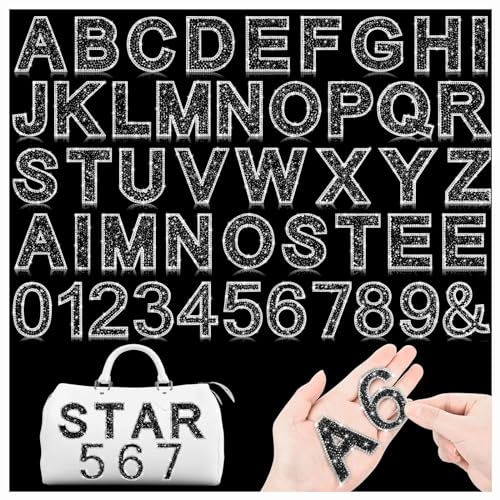 46 Pcs Rhinestone Letter Stickers Bling Number Iron on Letter Patches Crystal Self Adhesive Rhinestones Word Sticker for Art Crafts Clothing DIY Decors(Black)