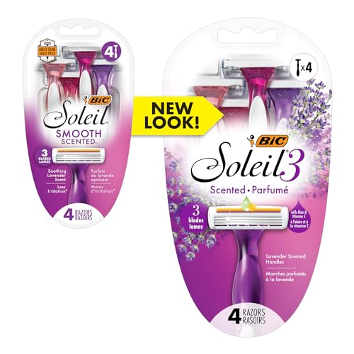 BIC Soleil Smooth Scented Women’s Disposable Razor, 3 Blades with a Moisture Strip For a Silky Shave, Assorted, 4 Piece Razor Set