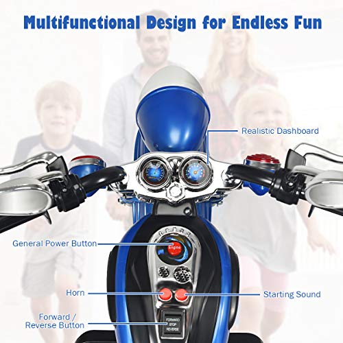 Costzon Kids Motorcycle, 6V Battery Powered Ride on Chopper Motorcycle w/Horn, Headlight, 3-Wheel Stable Ride on Toys, Electric Toddler Motorcycle for Kids, Gift for Boys Girls (Blue)