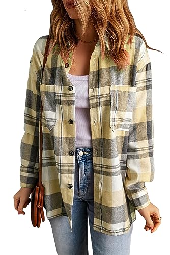 KINLONSAIR Womens Casual Flannel Plaid Shirts Oversized Lightweight Fall Shirt Coat Long Sleeve Button Down Blouse Tops Apricot