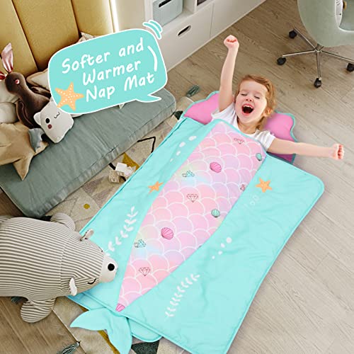 UOMNY Preschool Nap Mat with Pillow and Blanket Toddler Sleeping Bag for Daycare 48x20 Girls Sleeping Mat for Toddlers Kindergarten Blue (Mermaid)