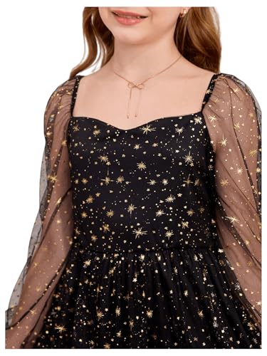 WDIRARA Girl's Polka Dots Mesh Puff Long Sleeve Ruffle Hem A Line Dress Black Star 8Y