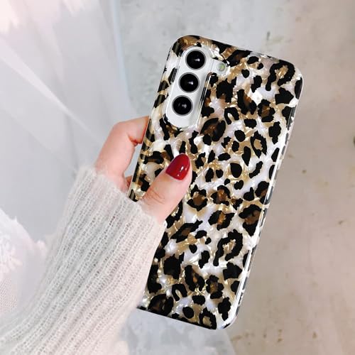 J.west Galaxy S24 Plus Case 6.7", Luxury Sparkle Glitter Translucent Cute Brown Leopard Pearly Thinfoil Design Shiny Animal Print Soft Silicone Cover for Women Girls Slim TPU Protective Phone Case