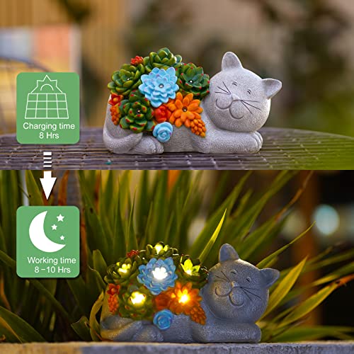 Qeeman Garden Outdoor Decor Cat Statue - Cat Resin with Solar Light Garden Statues Outsides Decorations for Cat Lovers Gardeners Family with Pets,Ornament Gift for Birthday/Mother’s Day