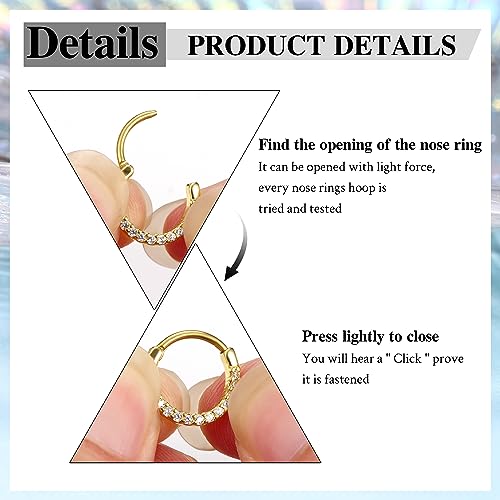 LOYALLOOK 16G Septum Rings Hoop for Women Men Surgical Steel Dangle Septum Jewelry Septum Clicker Horseshoe Nose Rings Hoop Hinged Segment Daith Helix Tragus Cartilage Earrings Piercing 10MM Gold Tone