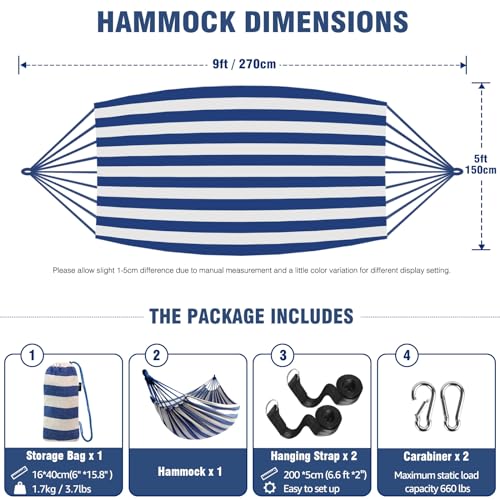 Anyoo Garden Cotton Hammock Comfortable Fabric Hammock with Tree Straps for Hanging Sturdy Hammock Up to 660lbs Portable Hammock with Travel Bag for Camping Outdoor/Indoor Patio Backyard