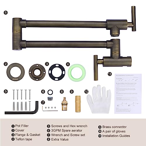 WOWOW Pot Filler Faucet Antique Bronze Commercial Wall Mount Stove Faucet, Brass Pot Filler Folding Faucet Over Stove, Kitchen Pot Faucet with Double Joint Swing Arms