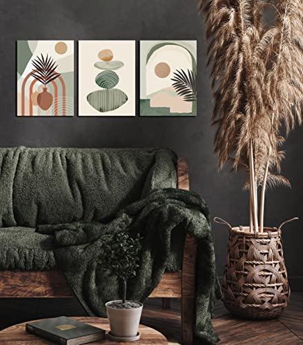 ZHAOSHOP Boho Art Wall-Decor - Green Canvas Wall Art for Bedroom - 3 Piece Wall Art Decor Stretched and Framed Ready to Hang Size 16" x 12"