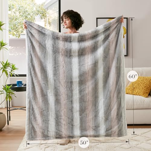 Madison Park Zuri Soft Plush Luxury Oversized Faux Fur Throw Animal Stripes Design, Faux Mink On The Reverse, Modern All Seasons Blanket for Bed, Sofa Couch, Office, Aqua, 60x70