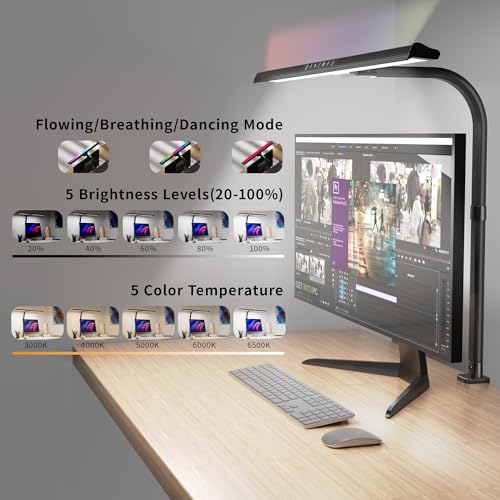 Upgraded Desk Lamp with RGB Backlight,24W Architect Desk Lamps for Home Office,Tall Desk Light with Clamp,60"Timer,25 Lighting Modes,Eye Caring Swing Arm Desk Lamp for Monitor PC,Gaming,Study,Work