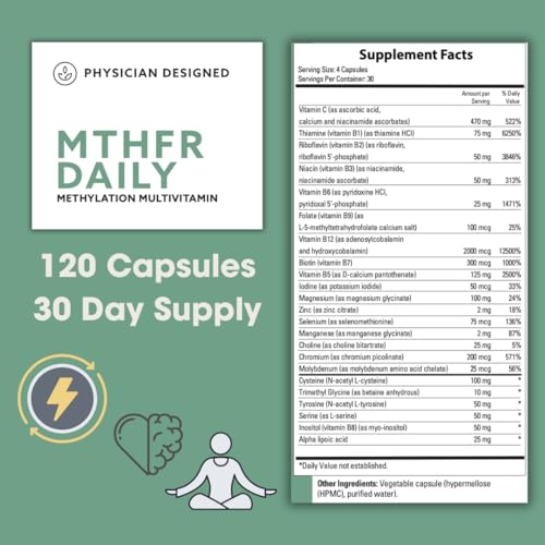 Physician Designed MTHFR Daily Multivitamin | Methylated Multivitamin for Men & Women | for Energy, Mood, & Heart | Vitamin B-Complex | 120 Capsules