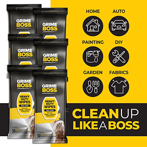 Grime Boss Heavy Duty Wipes (6 x 30ct) | Wet Wipes Used for Hands, Equipment, Tools, Garden, Automotive| Easily Removes Oil, Grease, & Dirt