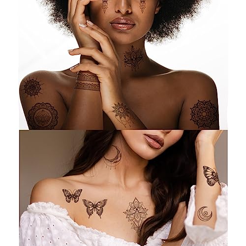 VIWIEU Fake Small Black Henna Temporary Tattoos 10 Pack for Adult Women, Realistic Flower Lace Finger Hand Arm Removable Body Art Stickers Summer Wedding Party Bridal Favors, Long Lasting Waterproof