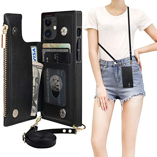 Bocasal Crossbody Wallet Case for iPhone 12 Mini with Card Holder,Zipper Card Slot Protector Shockproof Purse Cover with Removable Cross Body Strap 5.4 Inch(Black)