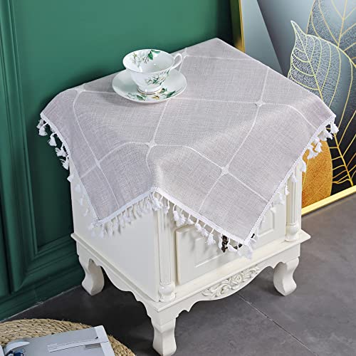 Embroidery Lattice Small Square Tablecloth with Tassel Heavy Duty Rustic Fabric Cloth Wrinkle Resistant End Side Table Cove for Kitchen Dining Room Tabletop Decoration 24 x 24 Inches