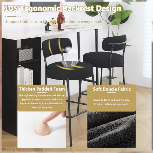 DYHOME Bar Stools Set of 2, 27 Inches Black Boucle Counter Height Bar Stools with Back, Modern Metal Barstools for Kitchen Island