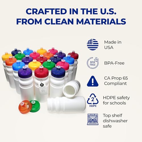 Rolling Sands 20 Oz Sports Water Bottles 24 Pk, BPA-Free, Made in USA, Dishwasher Safe, White Bottles/Neon Lime Green Lids