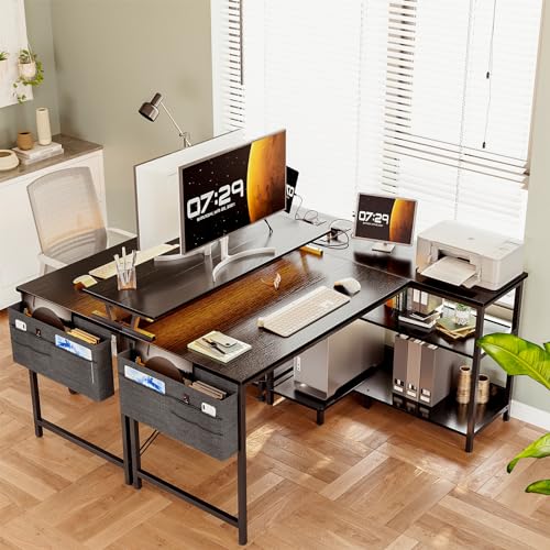 ODK 40 Inch Gaming Desk with USB Power Outlets and LED Lights, Reversible L Shaped Computer Desk with Storage Shelves & Monitor Stand, Corner Home Office Desk Table, Carbon Fiber Surface, Black