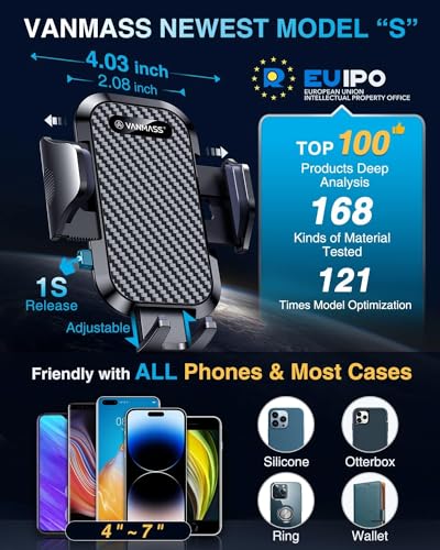 VANMASS 【2024 Newest & Strongest Military-Grade Cert Car Phone Holder Mount【Over 60LBS Suction】 Dashboard Windshield Cell Automobile Cradles Truck Hook Vent for iPhone 15 Pro Max 14 13 12 Samsung, Black
