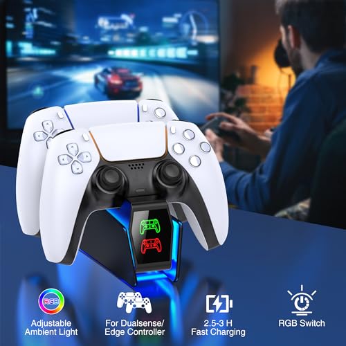 PS5 Controller Charger Station for PlayStation 5 Dualsense with LED Light Dual Stand Charger Dock, PS5 Controller Charging Station Accessories for PlayStation 5 Faceplates DualSense Edge-Black