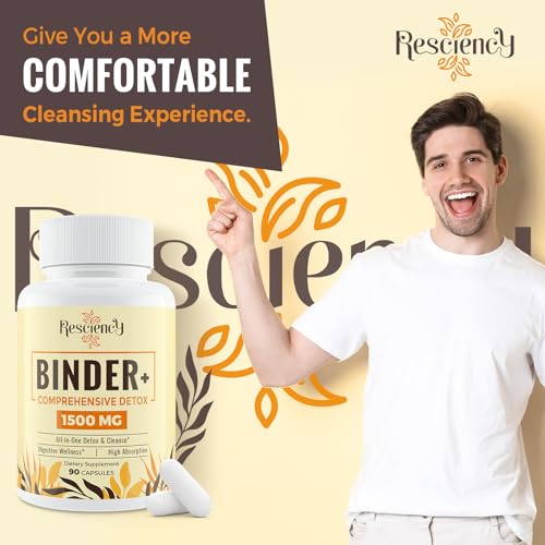 Resciency 6-in-1 Detox Binder Supplement 1500 MG | Max Absorption | Liver Detox Cleanse | Activated Charcoal & Zeolite Clay | Toxin, Liver, Gut, Digestive | 90 Vegetarian Capsules