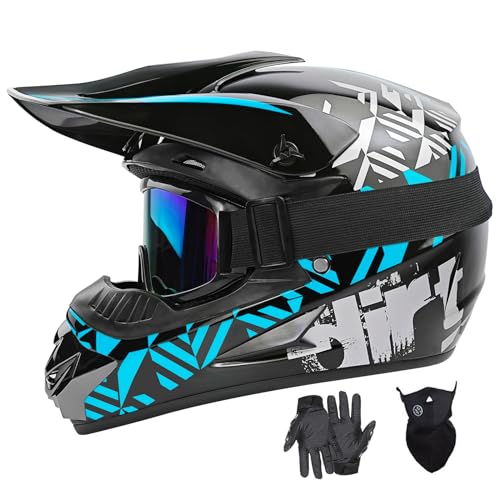 Youth Dirt Bike Helmets Fashion Motocross Helmet Kids ATV Off-Road Helmets Moutain Bike Motorcycle Helmets DOT Approved (Goggles Gloves Faceshield) (Blue, Small)