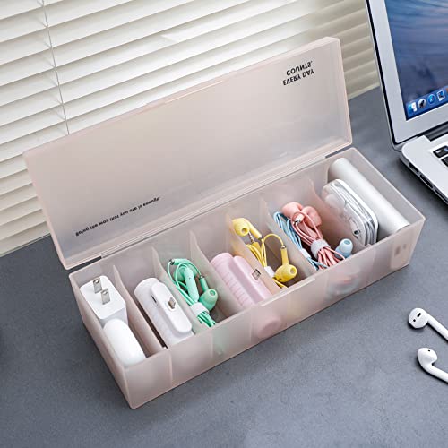 Yesesion Plastic Cable Organizer Box with Lid and 7 Compartment, Large Cord Management Storage Case, Electronics Accessories Organizer for Home Office Desk, Drawer, Phone Charger, Wires (White)