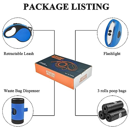Huhaneon Retractable Dog Leash with Waste Bag Dispenser and Flashlight, 16ft Dog Leash for Small Medium Dogs up to 66lbs, One Button Break & Lock,360°Tangle Free, Soft Anti Slip Grip,Blue