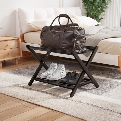 Smuxee Fully Assembled Luggage Rack for Guest Room, Upgraded Bamboo Foldable Suitcase Stand with 5 Nylon Straps, Dark Brown Luggage Holder with Shelf for Bedroom Hotel (Black Luggage Rack 1pcs)