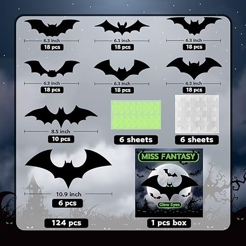 Halloween Decorations Indoor - Bats Halloween Decorations Plastic Spooky Scary 3D Bats for Halloween Party Bathroom Kitchen Home Room Outdoor Wall Glow Eyes Bats Stickers Gothic Decor 56 Pcs