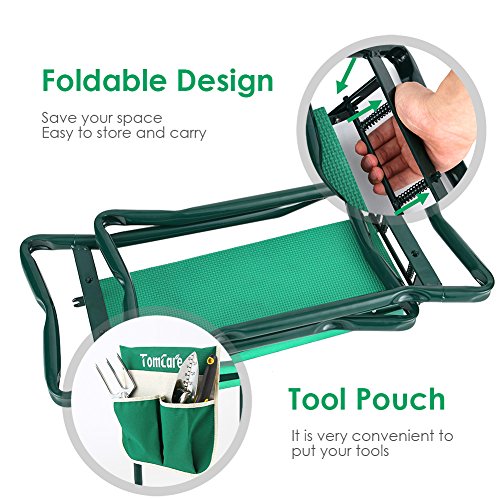 TomCare Garden Kneeler Seat Garden Bench Garden Stools Foldable Stool with Tool Bag Pouch EVA Foam Pad Outdoor Portable Kneeler for Gardening(Large-21.65" x 10.62" x 18.89",Green)