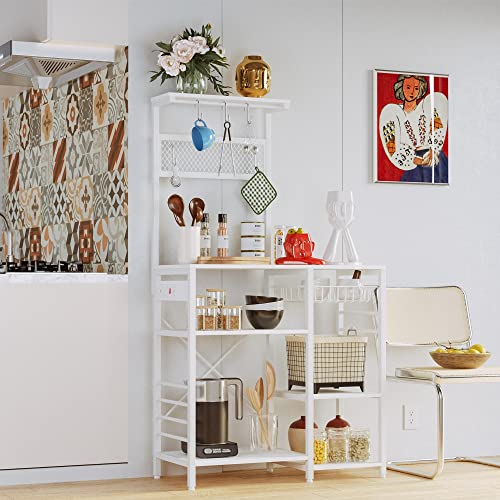 IRONCK Bakers Rack, Microwave Stand with Power Outlet, Industrial Coffee Bar with Wire Drawer for Kitchen, Living Room Easy Assembly, Space-Saving, Vintage Brown