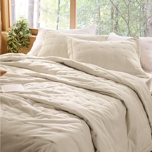 Bedsure Linen Quilt Queen Size, Cotton Linen Blend Queen Quilt Sets Linen Bedspread with Natural Wrinkles-Queen Cotton Linen Bedding Set 3-Piece for All Seasons-White (90x96)